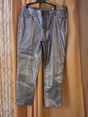 Chico's Metallic Textured Slim Leg Pants in Silver